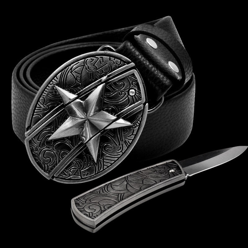 Leather Self-Defense Belt With Hidden Knife – Alloy Buckle, 16 Designs