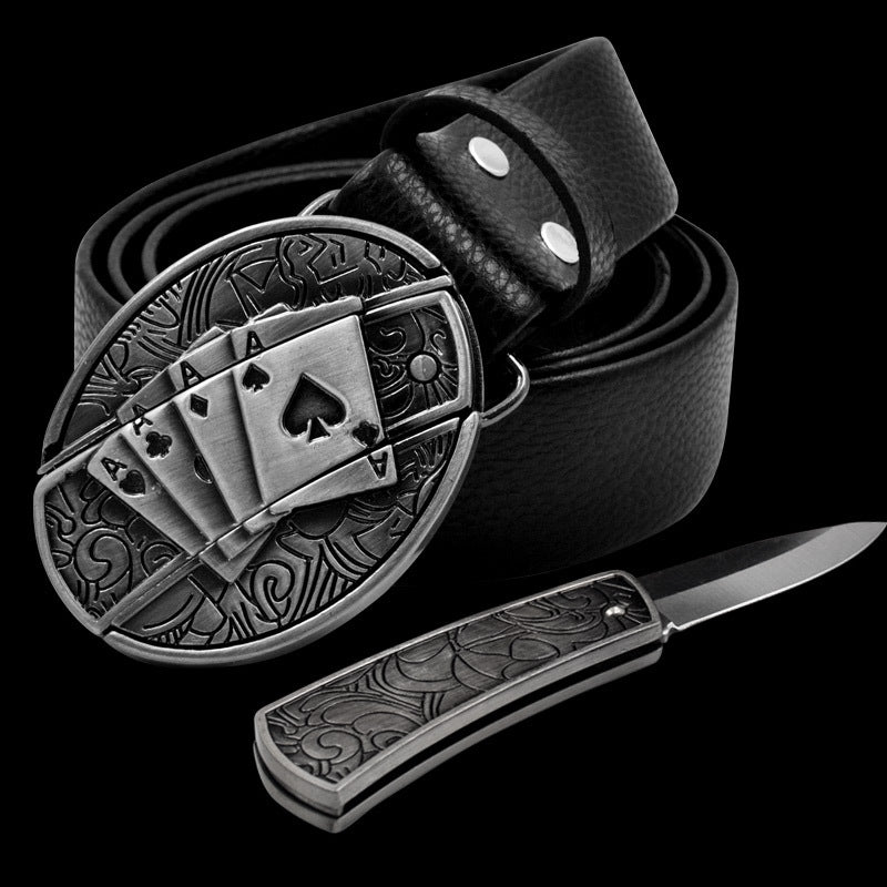 Leather Self-Defense Belt With Hidden Knife – Alloy Buckle, 16 Designs