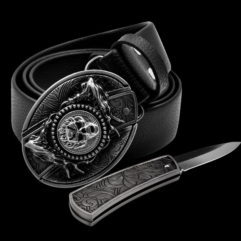 Leather Self-Defense Belt With Hidden Knife – Alloy Buckle, 16 Designs