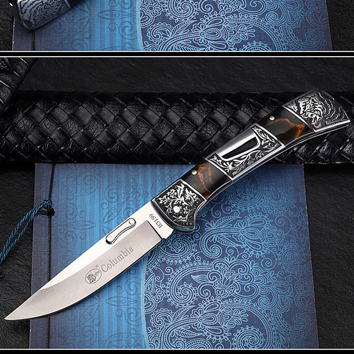 Handcrafted Stainless Steel Folding Knife – Rosewood & Walnut Handle