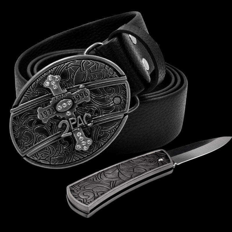 Leather Self-Defense Belt With Hidden Knife – Alloy Buckle, 16 Designs