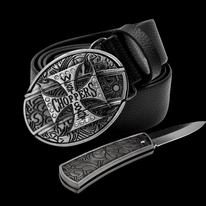 Leather Self-Defense Belt With Hidden Knife – Alloy Buckle, 16 Designs