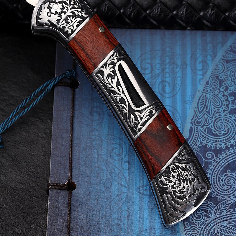 Handcrafted Stainless Steel Folding Knife – Rosewood & Walnut Handle