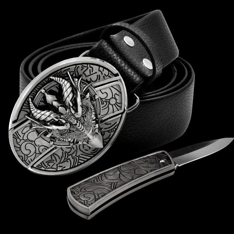 Leather Self-Defense Belt With Hidden Knife – Alloy Buckle, 16 Designs
