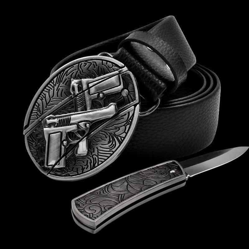 Leather Self-Defense Belt With Hidden Knife – Alloy Buckle, 16 Designs