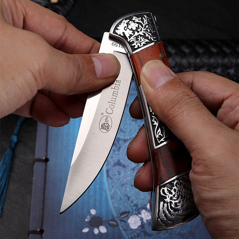 Handcrafted Stainless Steel Folding Knife – Rosewood & Walnut Handle