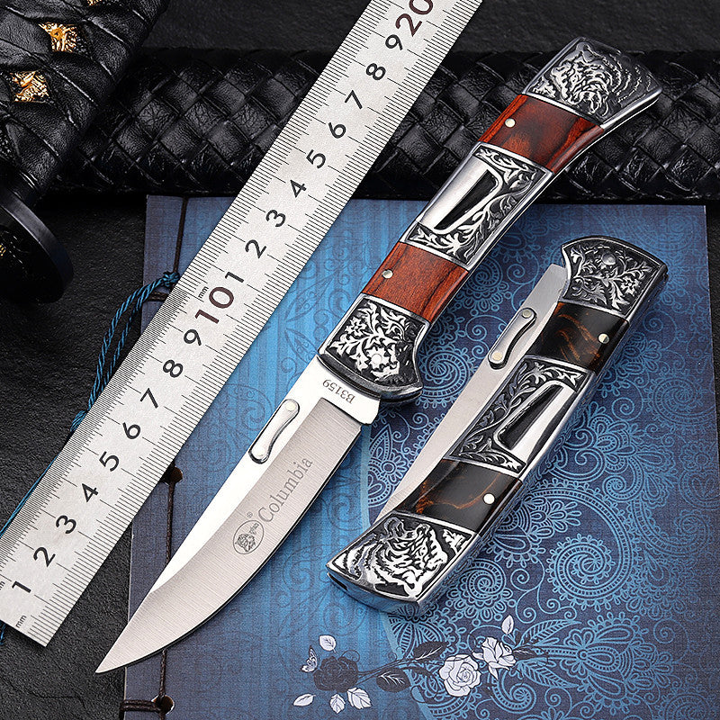 Handcrafted Stainless Steel Folding Knife – Rosewood & Walnut Handle