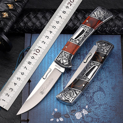 Handcrafted Stainless Steel Folding Knife – Rosewood & Walnut Handle
