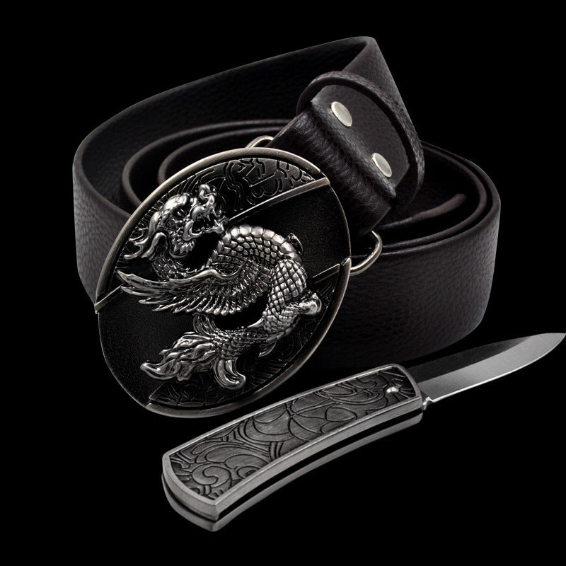 Leather Self-Defense Belt With Hidden Knife – Alloy Buckle, 16 Designs