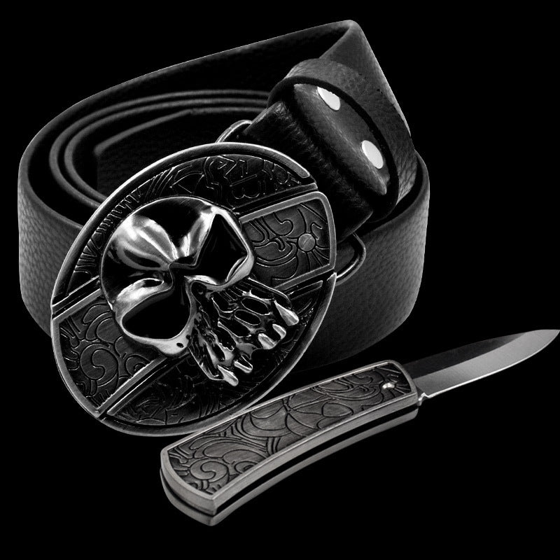 Leather Self-Defense Belt With Hidden Knife – Alloy Buckle, 16 Designs