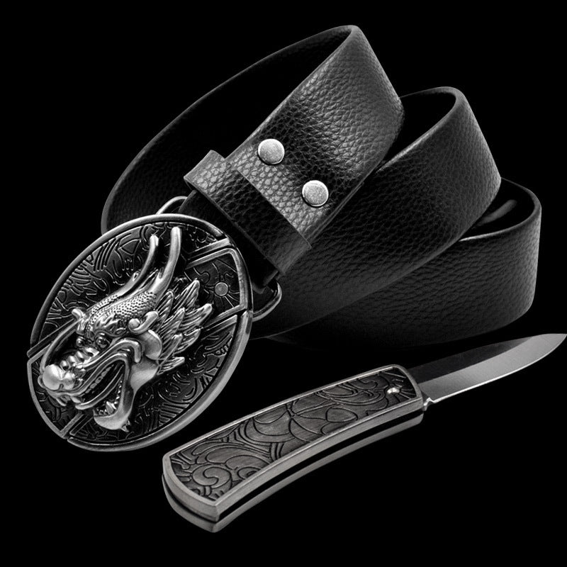 Leather Self-Defense Belt With Hidden Knife – Alloy Buckle, 16 Designs