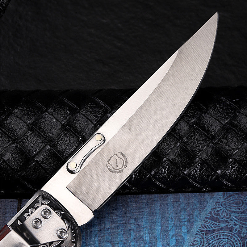 Handcrafted Stainless Steel Folding Knife – Rosewood & Walnut Handle