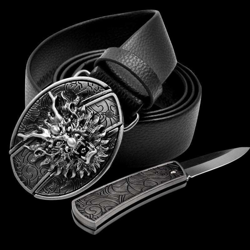 Leather Self-Defense Belt With Hidden Knife – Alloy Buckle, 16 Designs