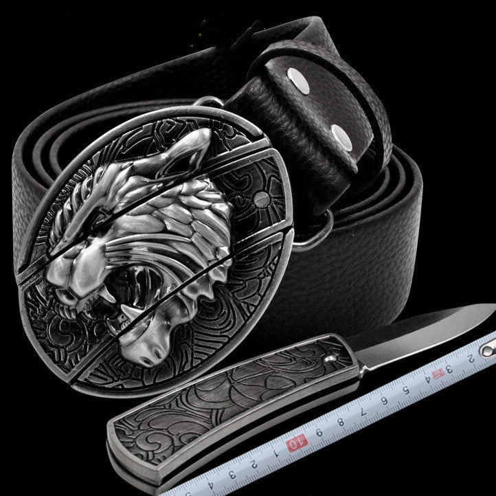 Leather Self-Defense Belt With Hidden Knife – Alloy Buckle, 16 Designs