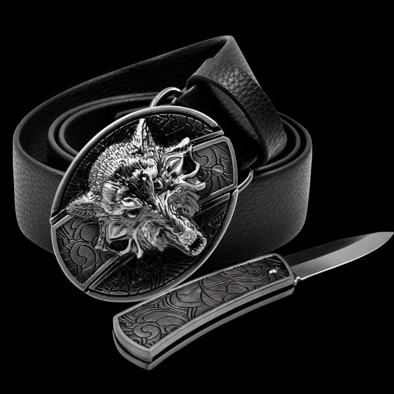 Leather Self-Defense Belt With Hidden Knife – Alloy Buckle, 16 Designs