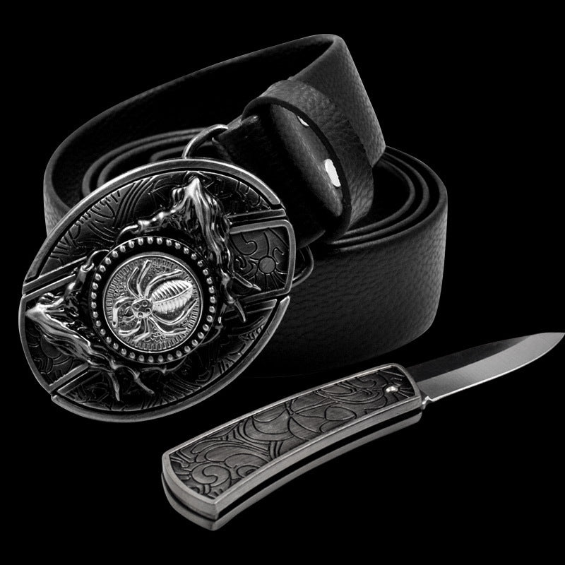 Leather Self-Defense Belt With Hidden Knife – Alloy Buckle, 16 Designs