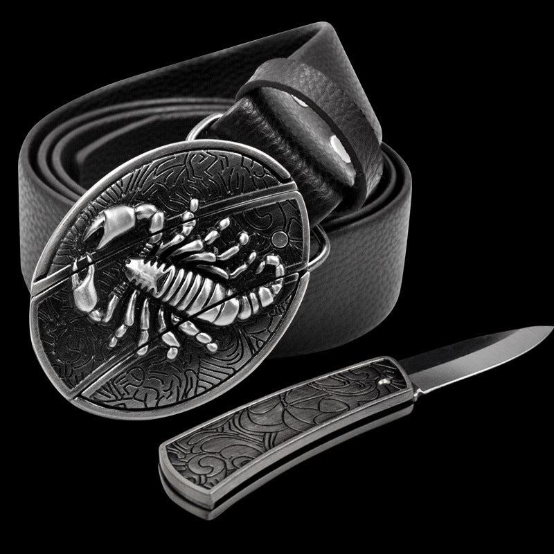 Leather Self-Defense Belt With Hidden Knife – Alloy Buckle, 16 Designs
