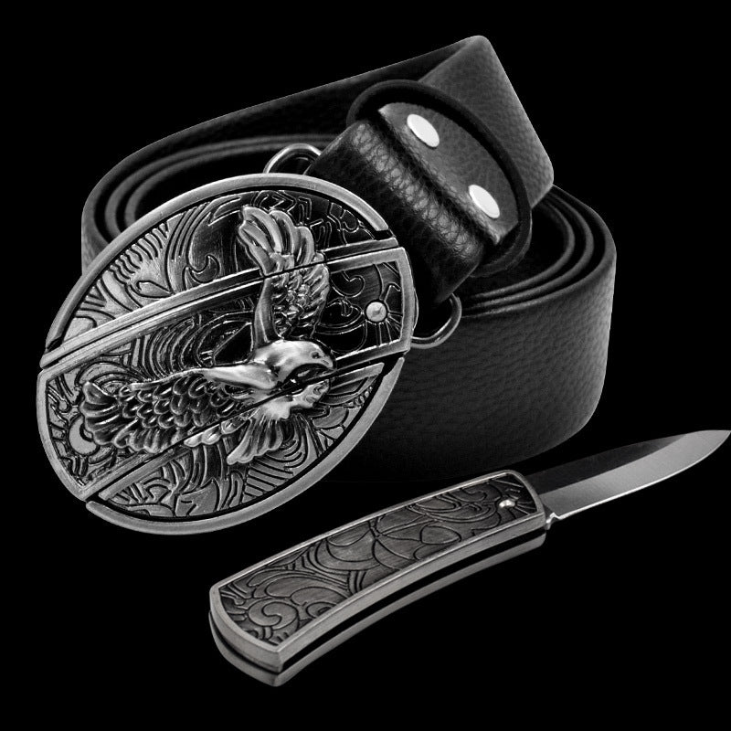 Leather Self-Defense Belt With Hidden Knife – Alloy Buckle, 16 Designs