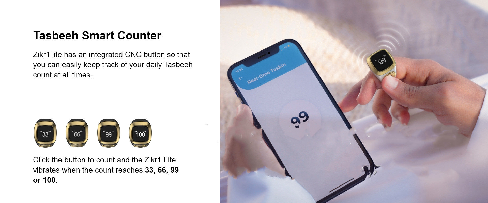 Muslim Smart Ring with Digital Tasbih Counter - Bluetooth Zikr Ring